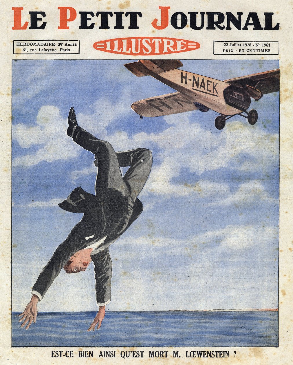 O banqueiro belga Alfred Loewenstein morreu (1877-1924) quando caiu de um avião nas águas do Canal da Mancha em 4 de julho de 1928, "Le petit journal illustre". de Anonymous Anonymous