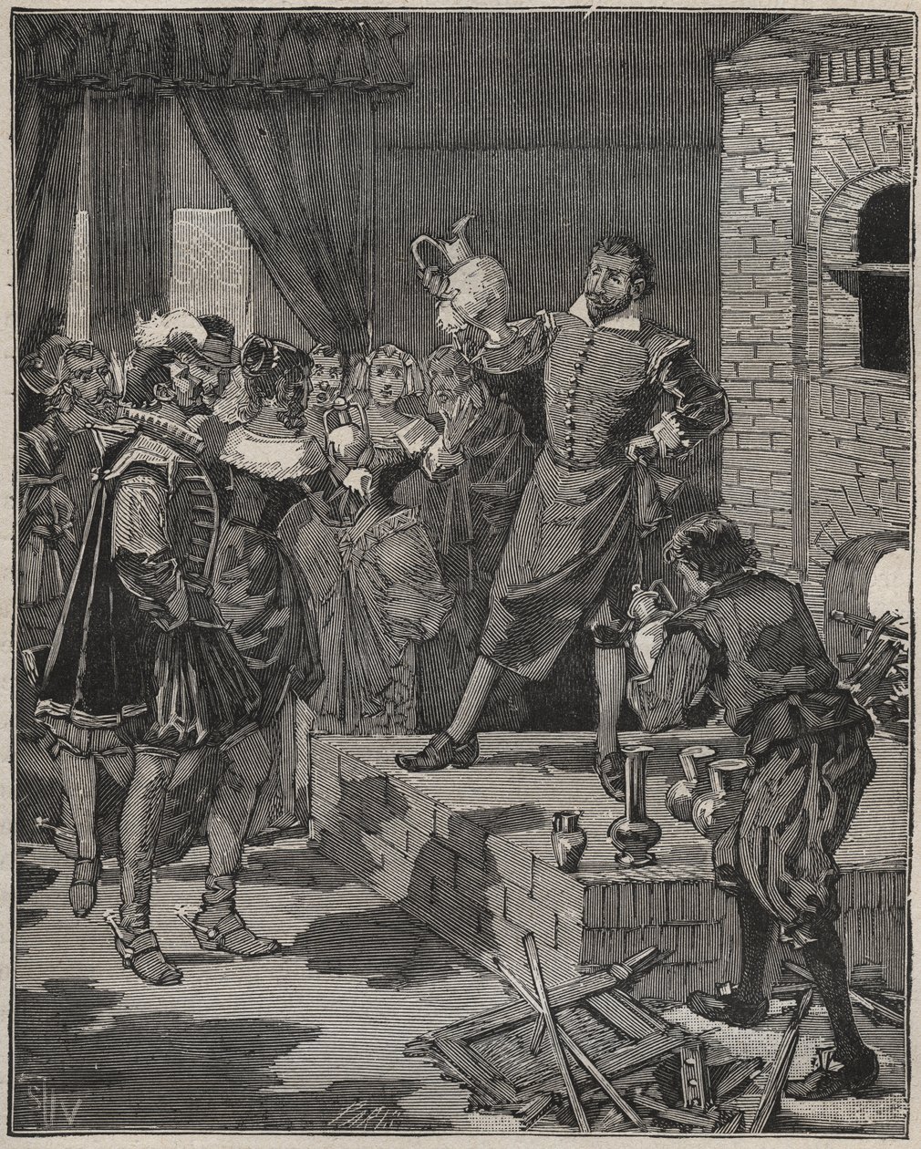 Bernard Palissy (1510-1589), ceramista triunfante francês, remove os seus primeiros pedaços de esmaltes do forno. Gravura de 1880 em "Les arts et metiers illustres", de Adolphe BITARD. de Anonymous Anonymous
