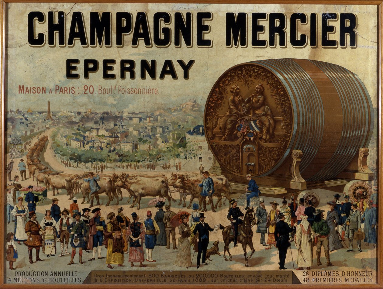 Grande barril de champanhe na Expo Universelle de 1889 - Cartaz publicitário para o champanhe Mercier, final do século XIX de Anonymous Anonymous