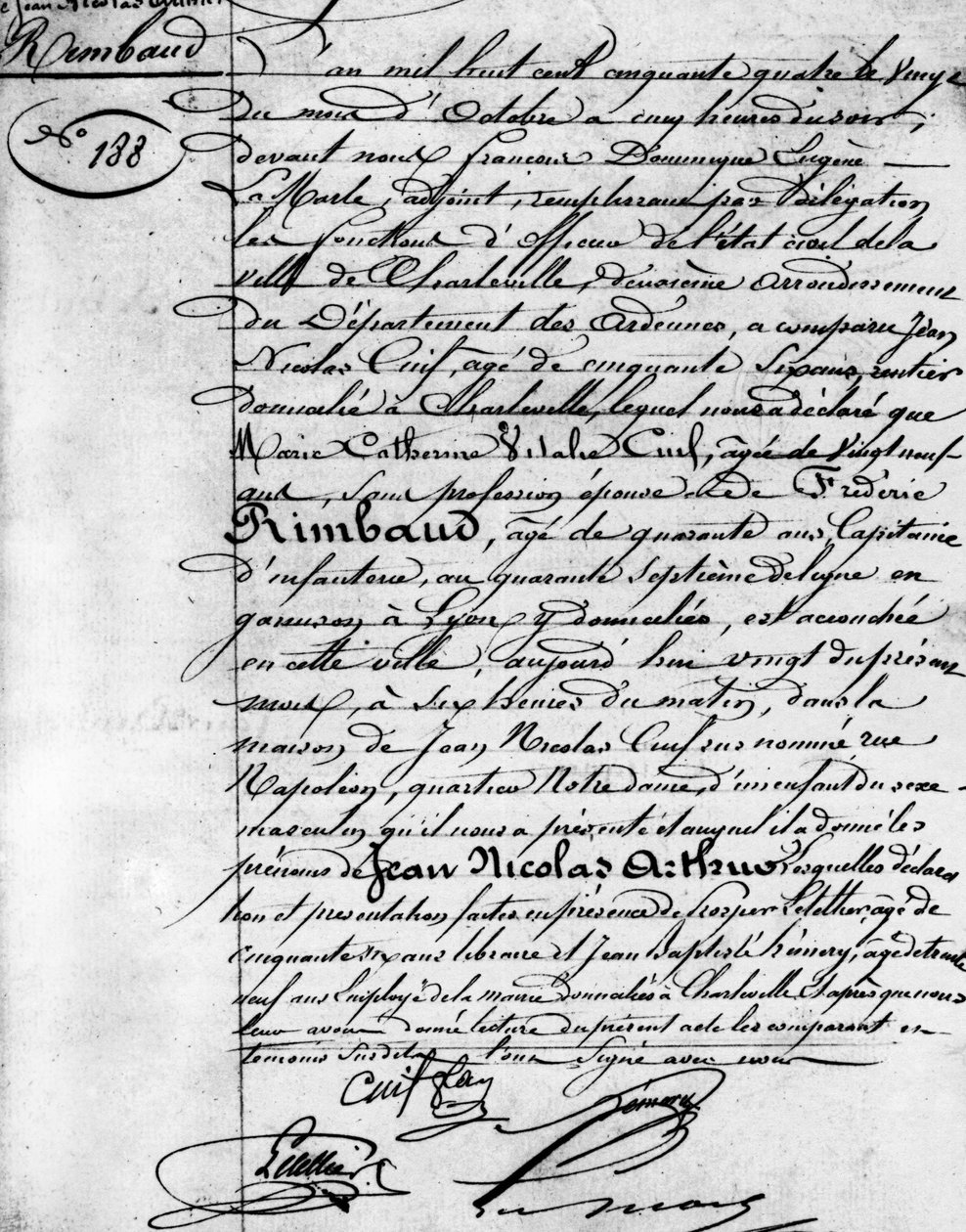 Certidão do nascimento de Arthur Rimbaud (1854-1891), poeta francês Charleville, Musee Rimbaud. de Anonymous Anonymous