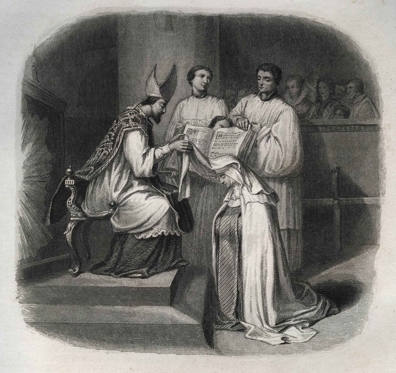 Beata Maria da Encarnação (Beard Jeanne Avrillot) (1566-1618) Mística francesa recebendo o véu de Carmelita em 1614. Gravura de 1846 em "Vidas dos Santos". Coleção privada. de Anonymous Anonymous