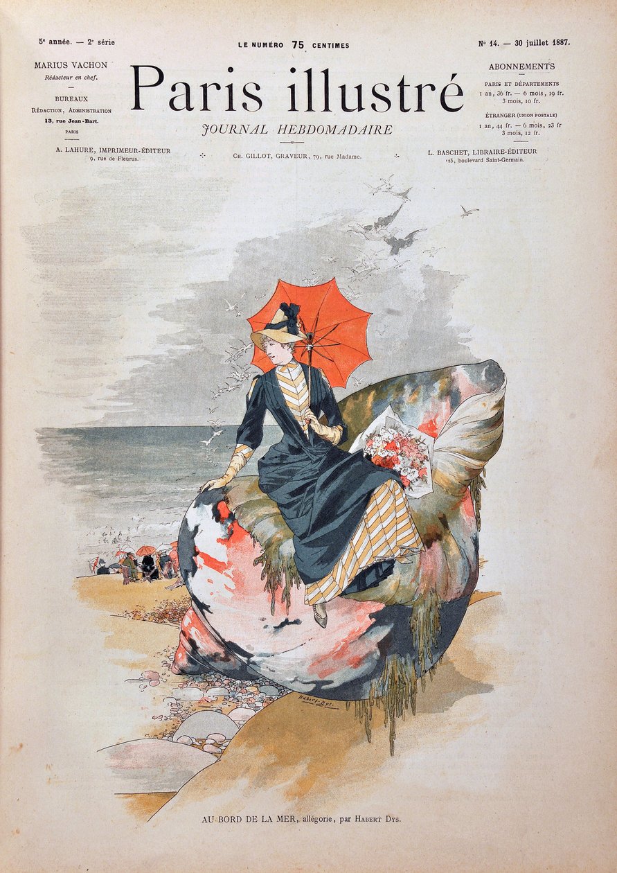 Junto ao mar, alegoria de Habert Dys. Mulher elegante com um guarda-chuva sentada sobre uma concha gigante posa na areia de uma praia. Gravura de 1887 no "Paris-Illustrous Journal Weekly". de Anonymous Anonymous