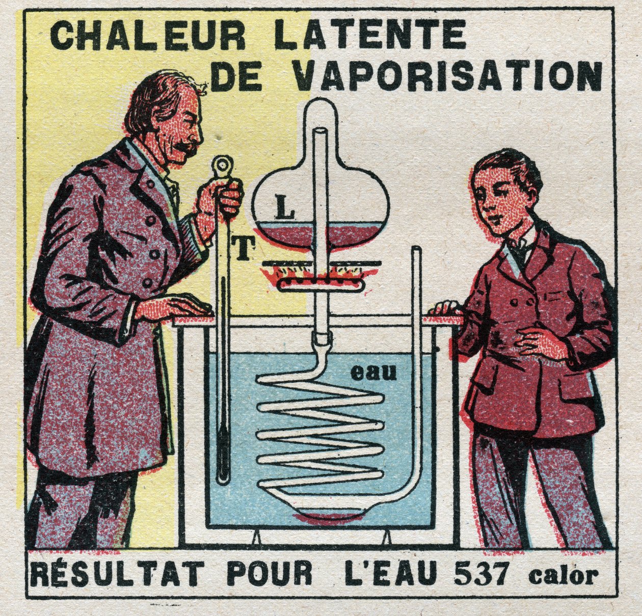 Calorimetria: o calor latente de vaporização medido pelo calorímetro de Marcellin Berthelot (1827-1907). Ilustração anônima de 1925. Coleção privada. de Anonymous Anonymous