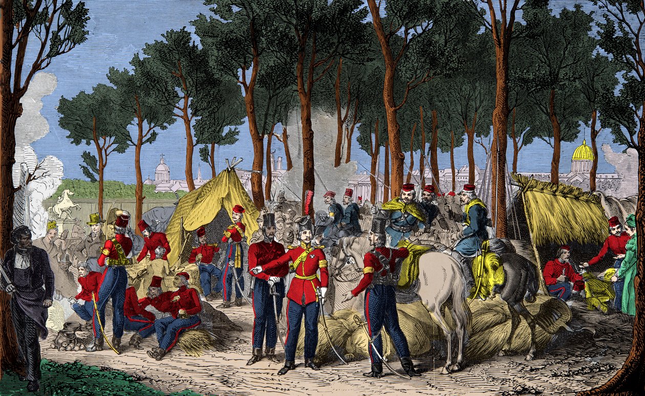 Acampamento das tropas russas e inglesas em Champs Elysees em Paris, em julho de 1815, após a derrota de Napoleão 1st, Engraving, Private Collection de Anonymous Anonymous