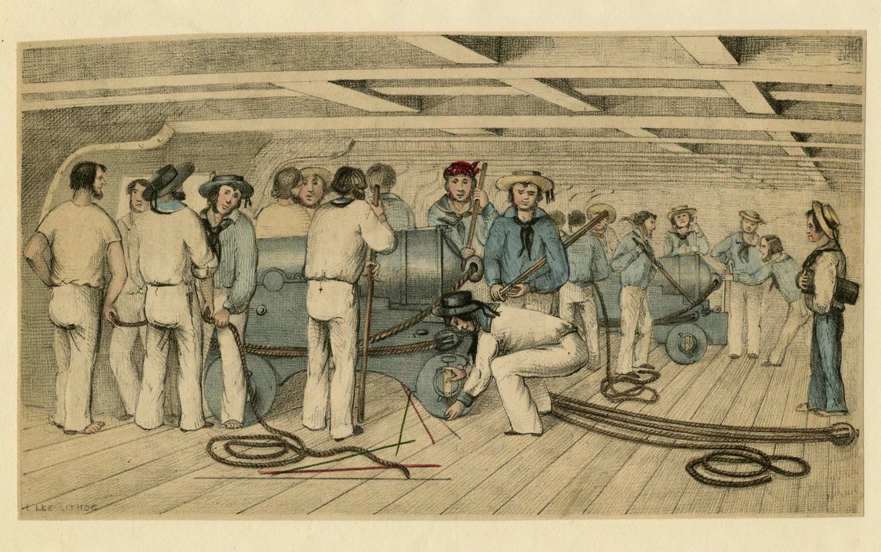 "Artilheiros navais britânicos no convés das armas" Litografia anónima por volta de 1850 Dim 21,9x28,6 cm Colecção privada de Anonymous Anonymous