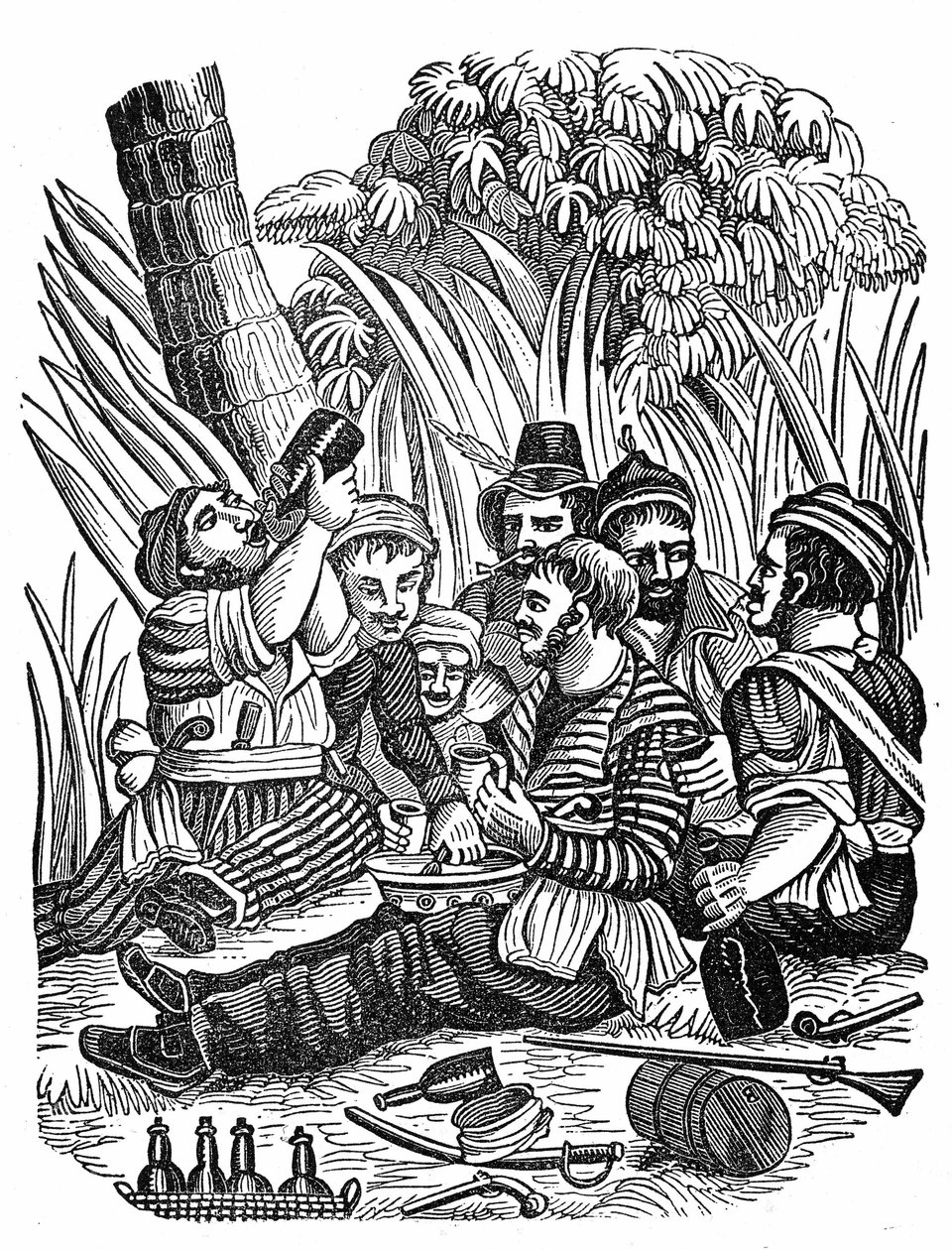 A tripulação do Capitão Bartholomew Roberts descansa perto do antigo rio Calabar, no final do século XVII. Gravação do "O próprio livro dos piratas" de 1837. de Anonymous Anonymous