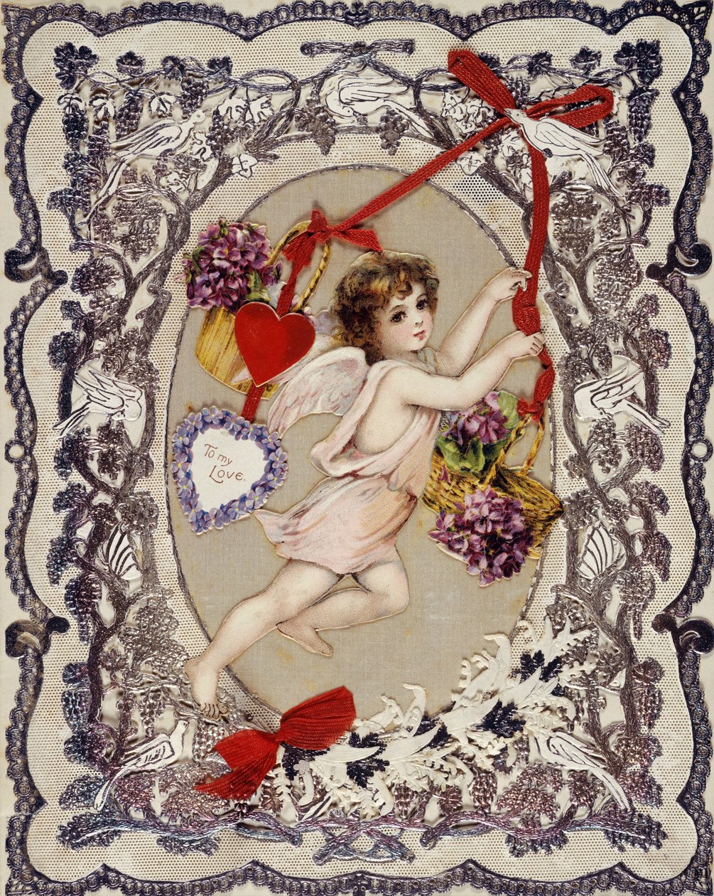 Cartão do Dia dos Namorados - Trabalho anônimo, litografia, decoupage, rendas e fitas de papel, por volta de 1860-1870 - Cartão do Dia dos Namorados, Mídia mista a bordo - Coleção particular de Anonymous Anonymous