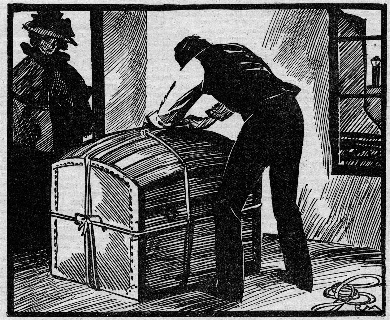 Caso Eyraud-Bompard (Eyraud Bompard) ou o caso do baú ensanguentado: descobriu o baú usado para esconder o cadáver do oficial de justiça Gouffe assassinado em 1888 em Paris pelo casal Michel Eyraud e Gabrielle Bompard. Ilustração retirada de "Le petit jour de Anonymous Anonymous