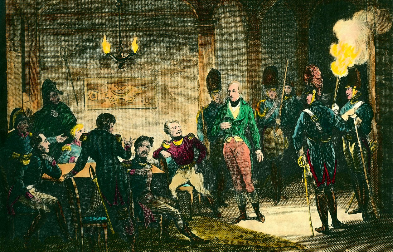 Caso de Louis de Bourbon, Duque de Enghien (1772-1804): cena do julgamento do príncipe suspeito de ter conspirado contra o primeiro cônsul Napoleão Bonaparte, ele foi condenado e executado sem provas. Gravação a partir de 1804. Coleção particular - O Juiz de Anonymous Anonymous