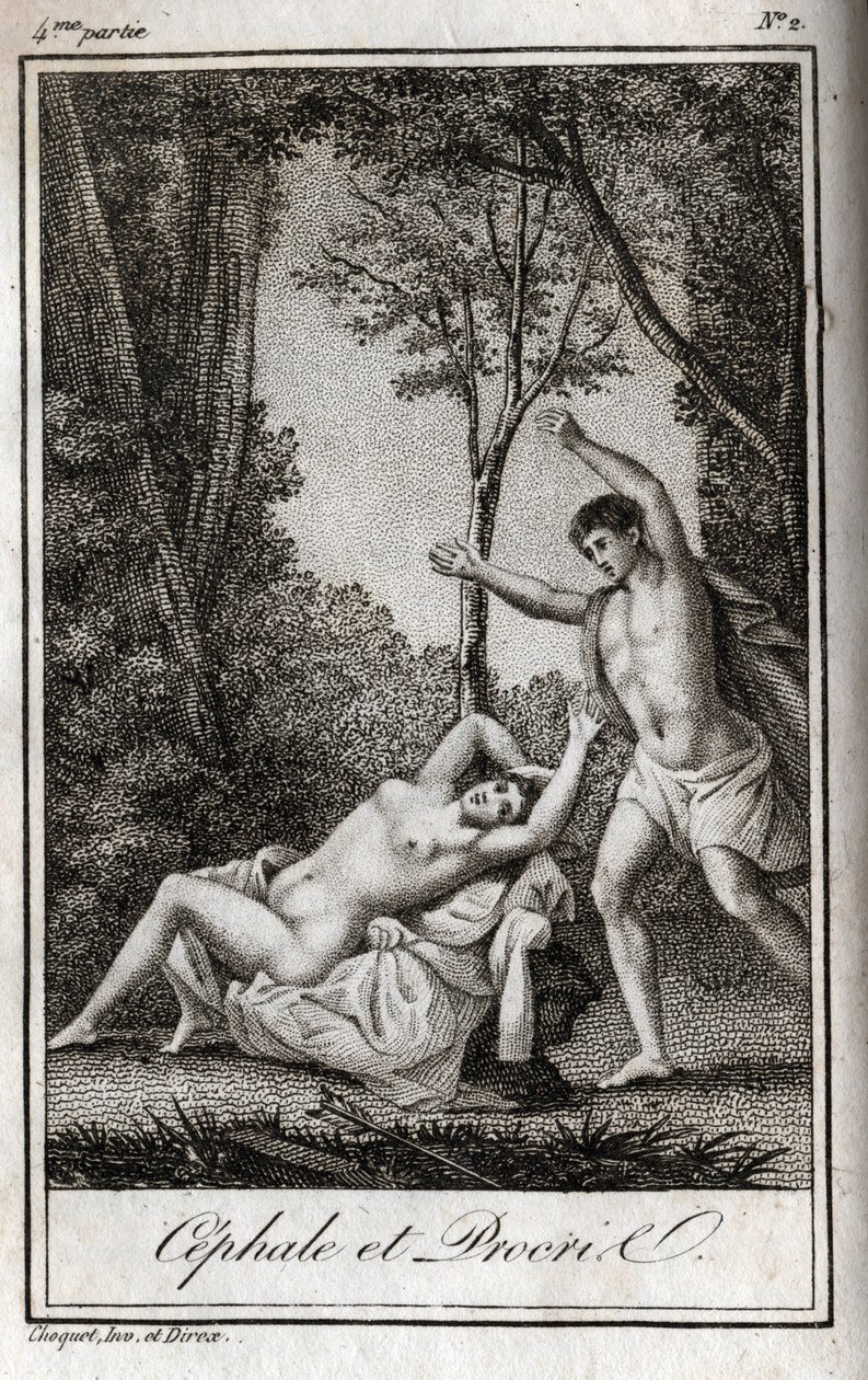 Casal de amantes de Cephale e Procris (Cephalus). Gravura de 1819 em "Lettres a Emilie sur la mythologie" de Charles Albert Demoustier (1760-1801). Coleção particular. de Anonymous Anonymous