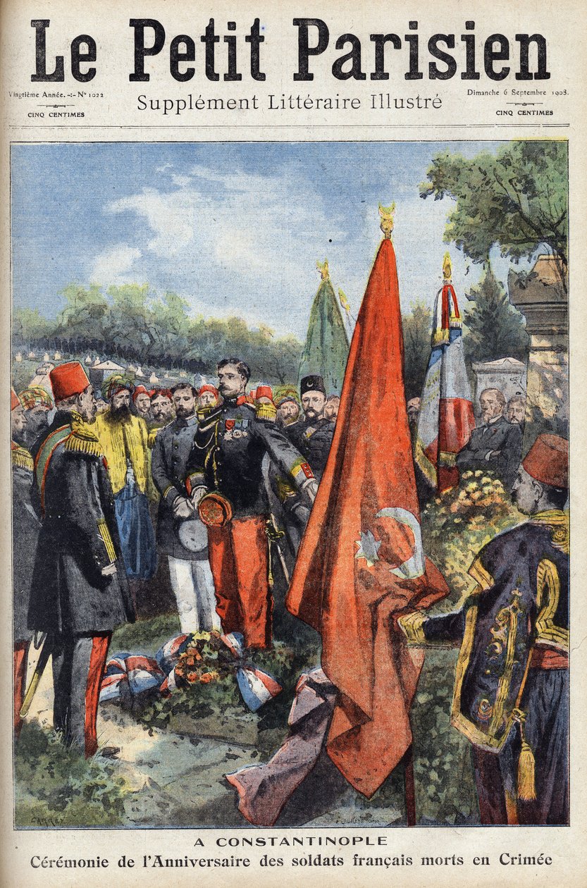 Cerimônia em Constantinopla do Império Bizantino (Istambul, Turquia) para o aniversário dos soldados franceses que morreram na Crimeia. Um dos jornais "Le petit parisien" em 6/09/1908. Coleção privada. de Anonymous Anonymous