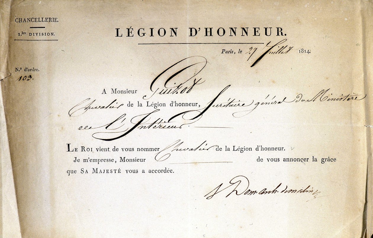 Certificado de entrega da Legião de Honra a Guizot, Secretário Geral do Ministério do Interior, 21/07/1814. de Anonymous Anonymous