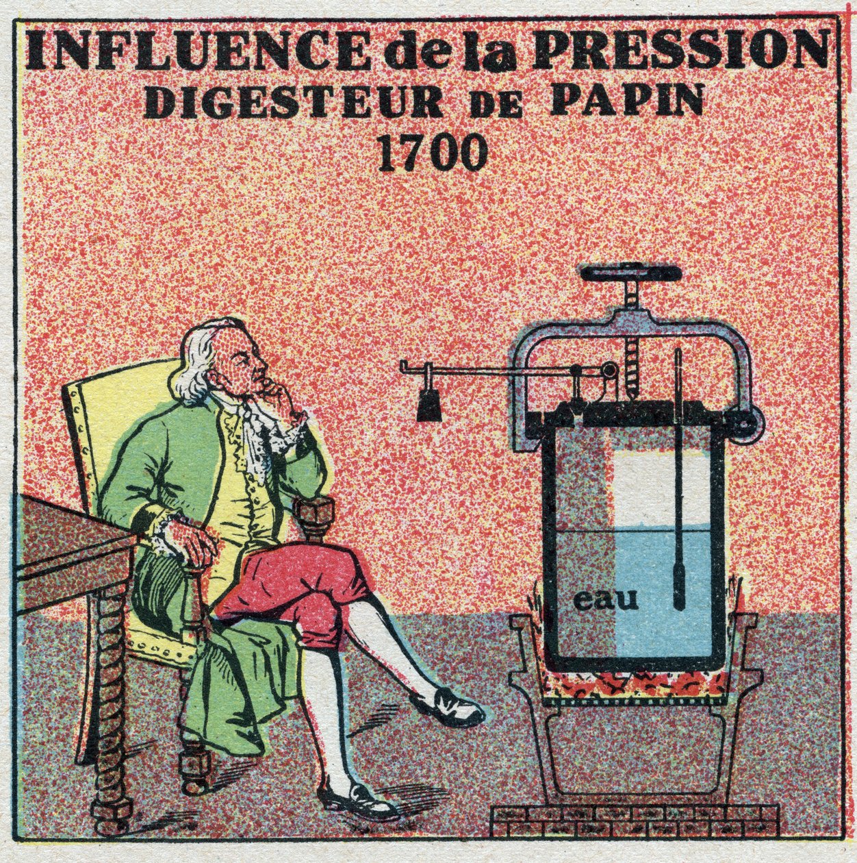 Mudanças nos estados: influência da pressão. A variação no ponto de ebulição é evidente para pressões maiores que a atmosfera por meio do pote de Denis Papin (1647-1712) chamado "digestor" em 1700. Ilustração anônima de 1925. Coleção privada de Anonymous Anonymous