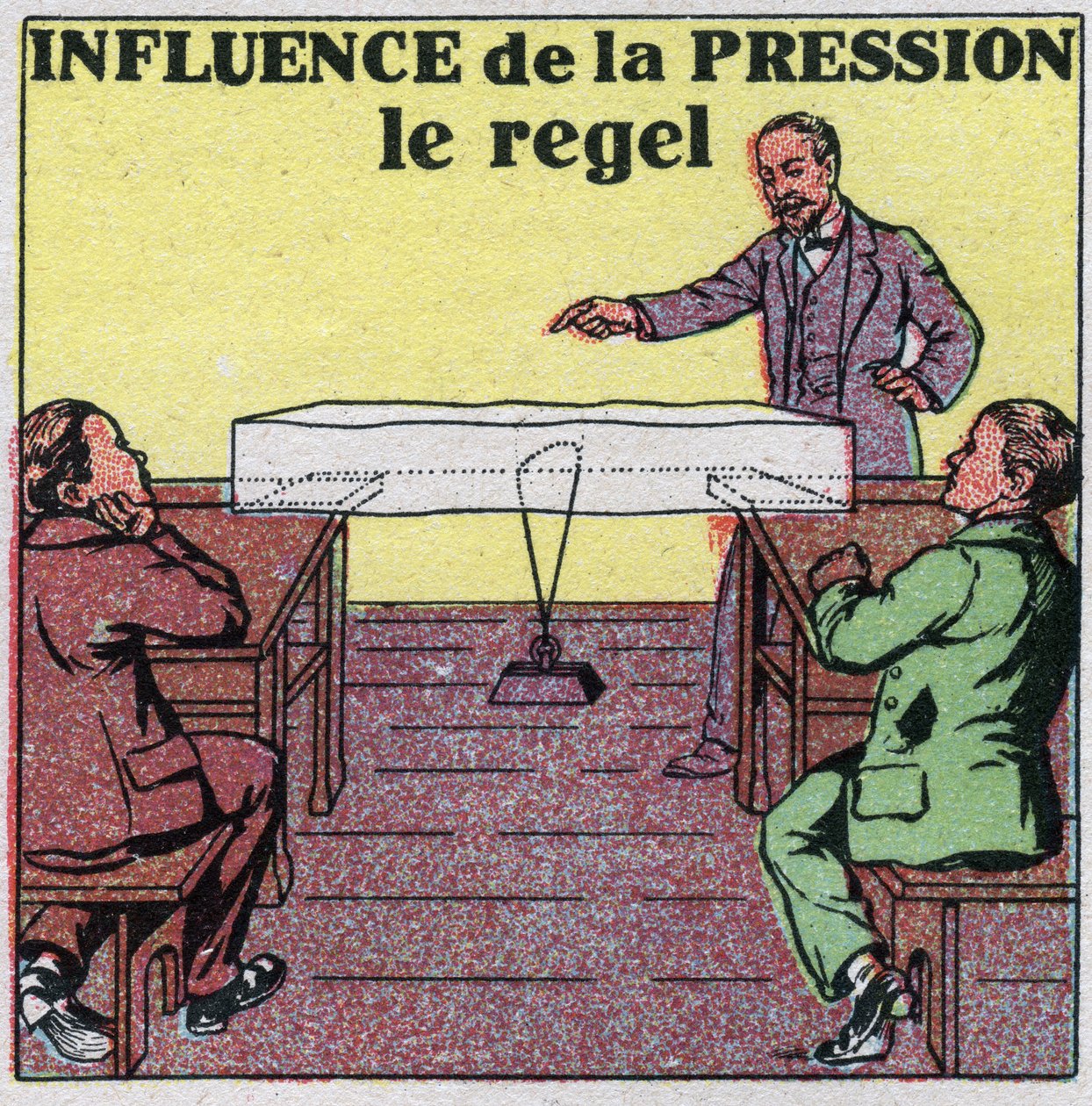 Mudanças nos estados: influência da pressão sobre a fusão. Experimente o regel ou um fio esticado por um peso passa por um pedaço de gelo sem quebrá-lo. Ilustração anônima de 1925. Coleção privada. de Anonymous Anonymous