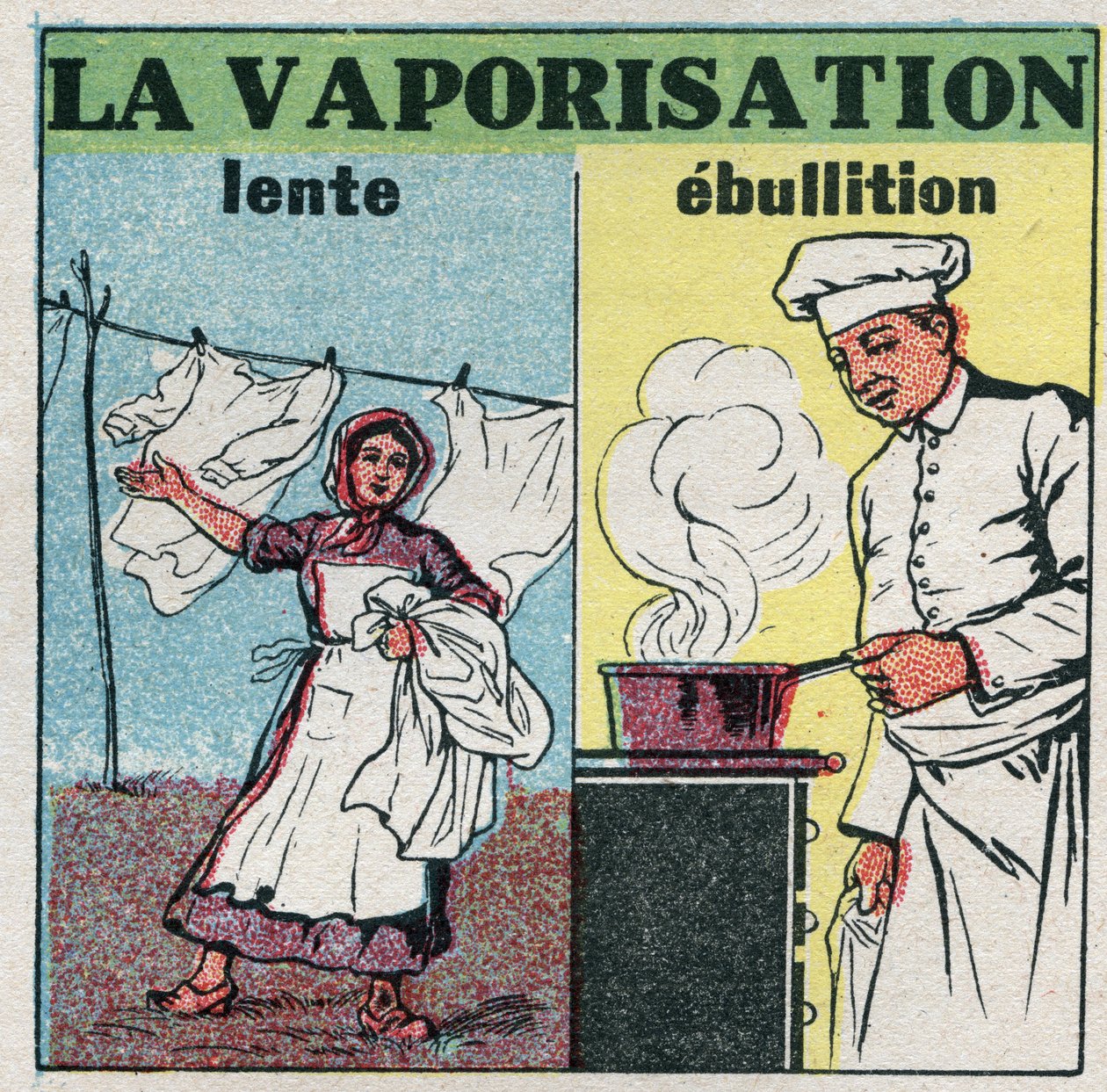 Mudanças de estado: vaporização lenta (ação do vento) ou ebulição (calor sob uma panela). Ilustração anónima a partir de 1925. Coleção privada. de Anonymous Anonymous