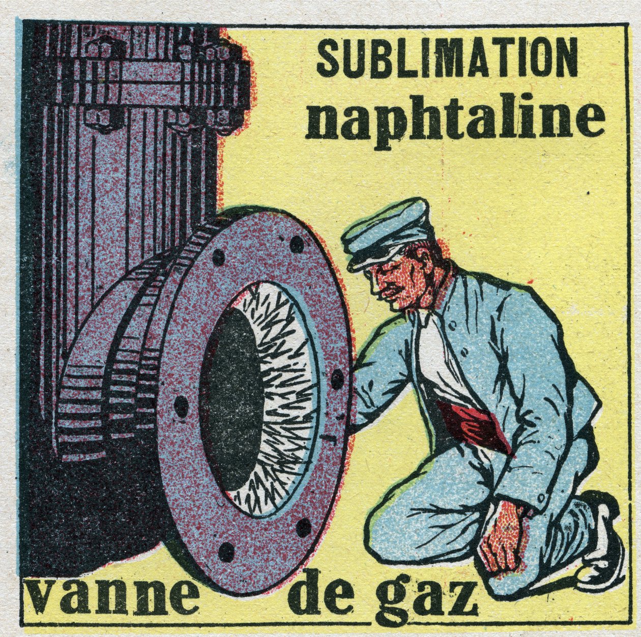 Mudanças nos estados: sublimação. Depósito de naftalina a entupir uma válvula de gás. Ilustração anónima de 1925. Coleção privada. de Anonymous Anonymous