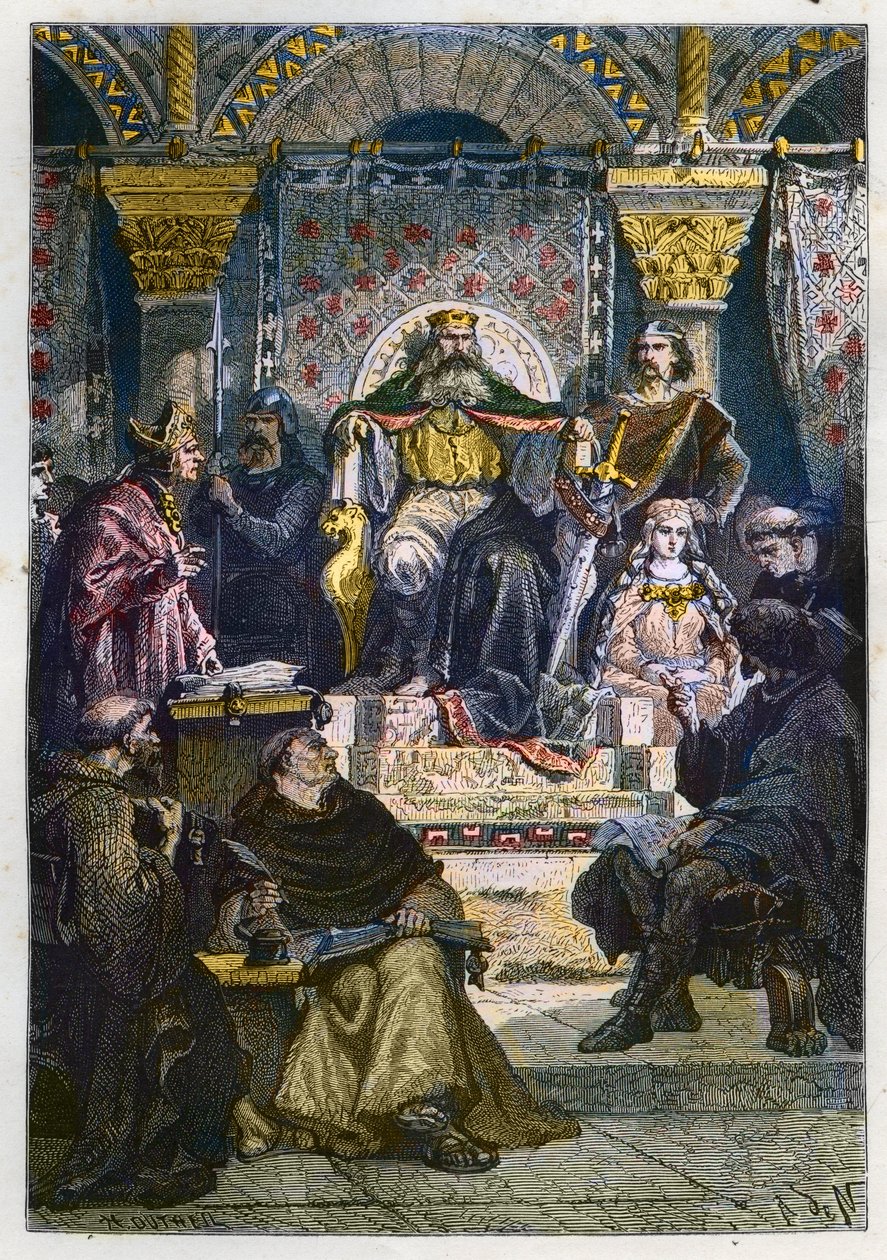 Carlos Magno (742 - 814) no seu trono presidindo a Academia do Palácio - Carlos o Grande (747-814) Rei dos Francos e Imperador Cristão do Ocidente presidindo a Escola do Palácio em Aachen (Aachen) - gravura de "L