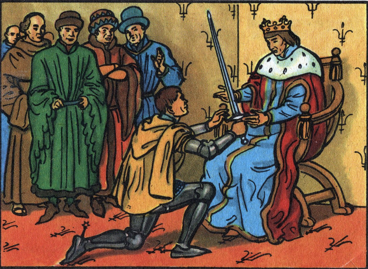Charles V O sábio (1338-1380) entrega solenemente a espada do conetável a Bertrand du Guesclin (1320-1380). Ilustração anónima na "Collection des souverains et chefs d