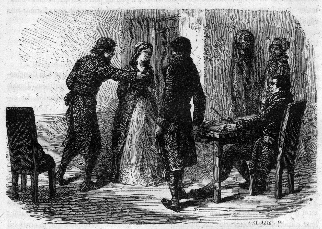 Charlotte Corday (1768-1793) escavada por François Chabot (1756-1794) - Gravura em "Histoire des Girondins" de Alphonse de Lamartine (1790-1869) 1865-1866. Coleção Particular de Anonymous Anonymous