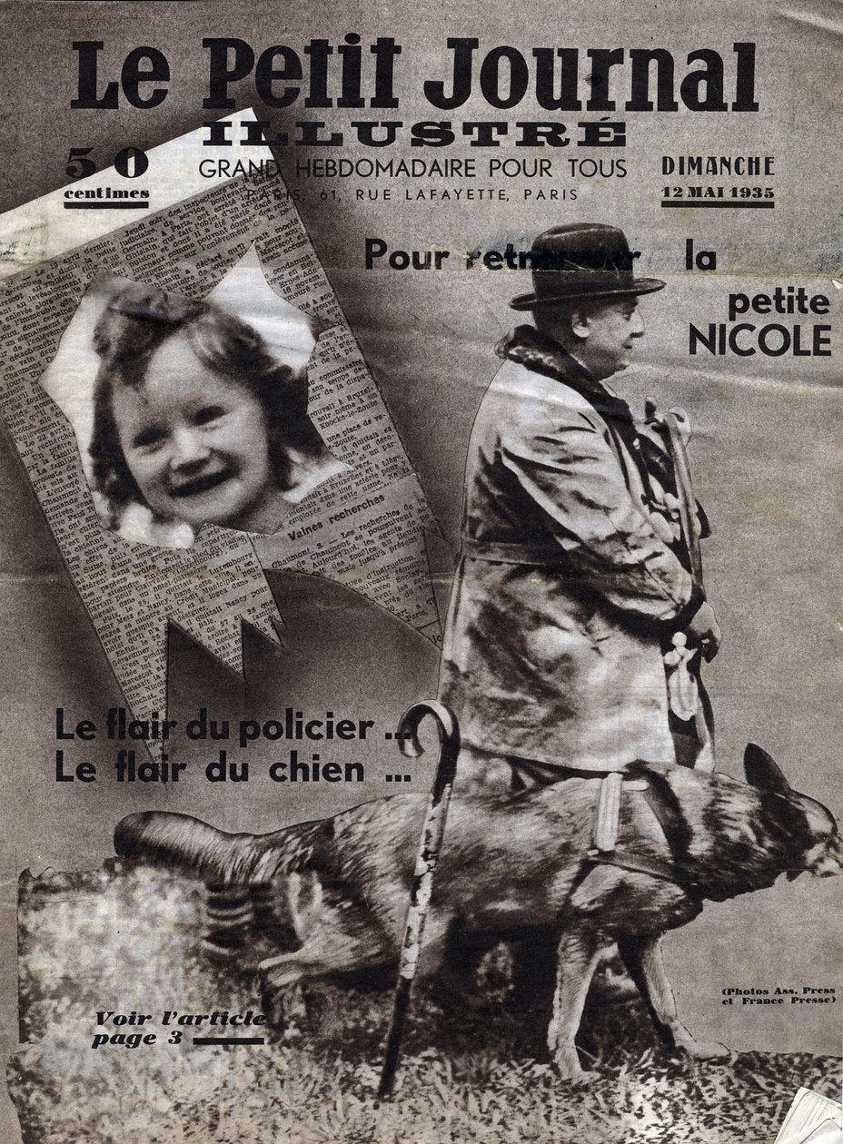 Chaumont: cães da polícia treinam para encontrar o rasto de crianças desaparecidas (aqui, a menina Nicole) e bandidos. Capa do "Le petit journal illustrious" de 12/05/1935 Coleção privee de Anonymous Anonymous