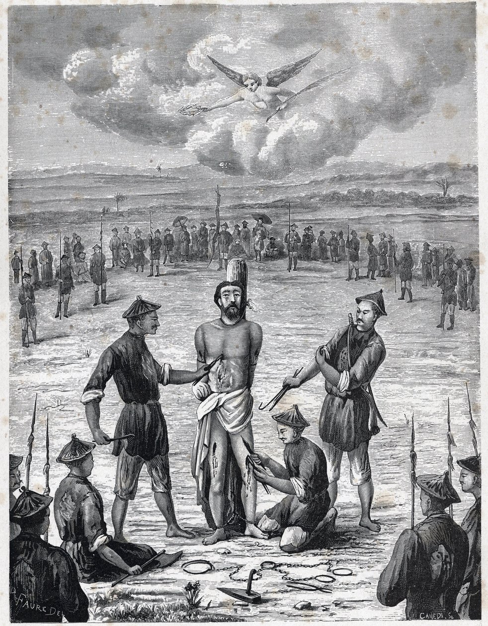 Perseguição cristã: o sacerdote missionário francês Joseph Marchand sofre o "tormento das cem feridas" em Cochinchina a 30 de Novembro de 1835. Gravura em "Les Missions Catholiques au XIXeme Siecle" de Louis-Eugene (Louis Eugene) Louvet. co de Anonymous Anonymous