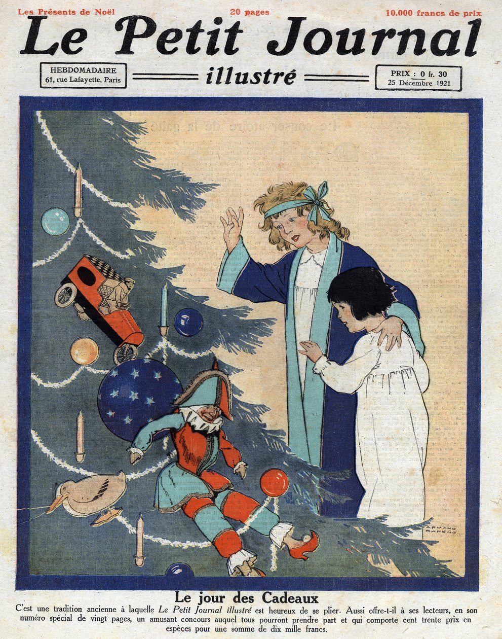 Festa de Natal: as crianças descobrem os presentes aos pés da árvore de Natal. Ilustração retirada do "Le petit journal" de 25/12/1921 Privee Collection de Anonymous Anonymous