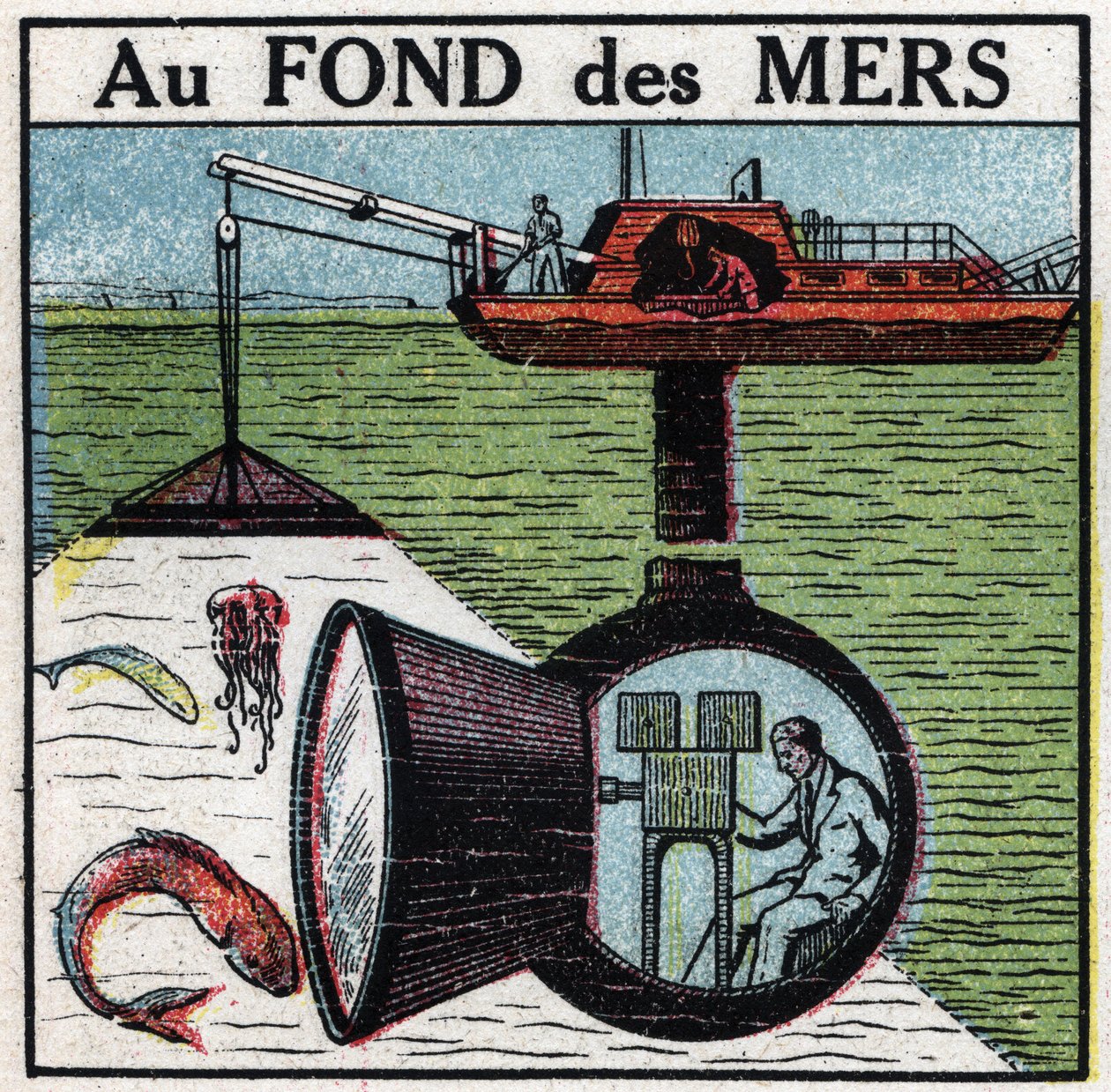 Cinematógrafo: rodando um filme no fundo dos mares. Ilustração anônima de 1925. Coleção particular. de Anonymous Anonymous