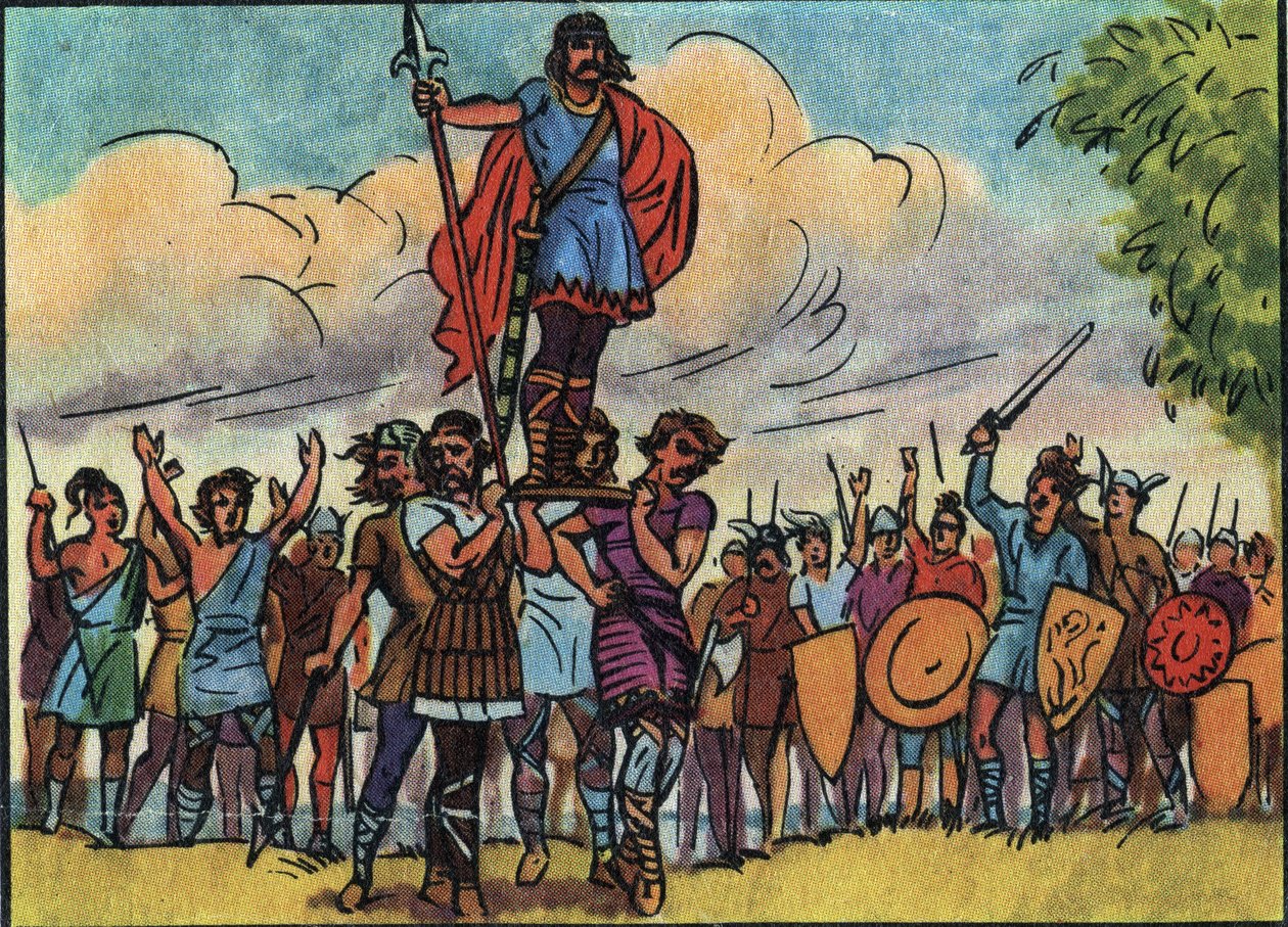 Clovis (rei dos Francos de 481 a 511) foi eleito rei pelos Salianos que o carregaram no baluarte (escudo) enquanto passeava pelo acampamento. Ilustração anónima na "Collection des souverains et chefs d