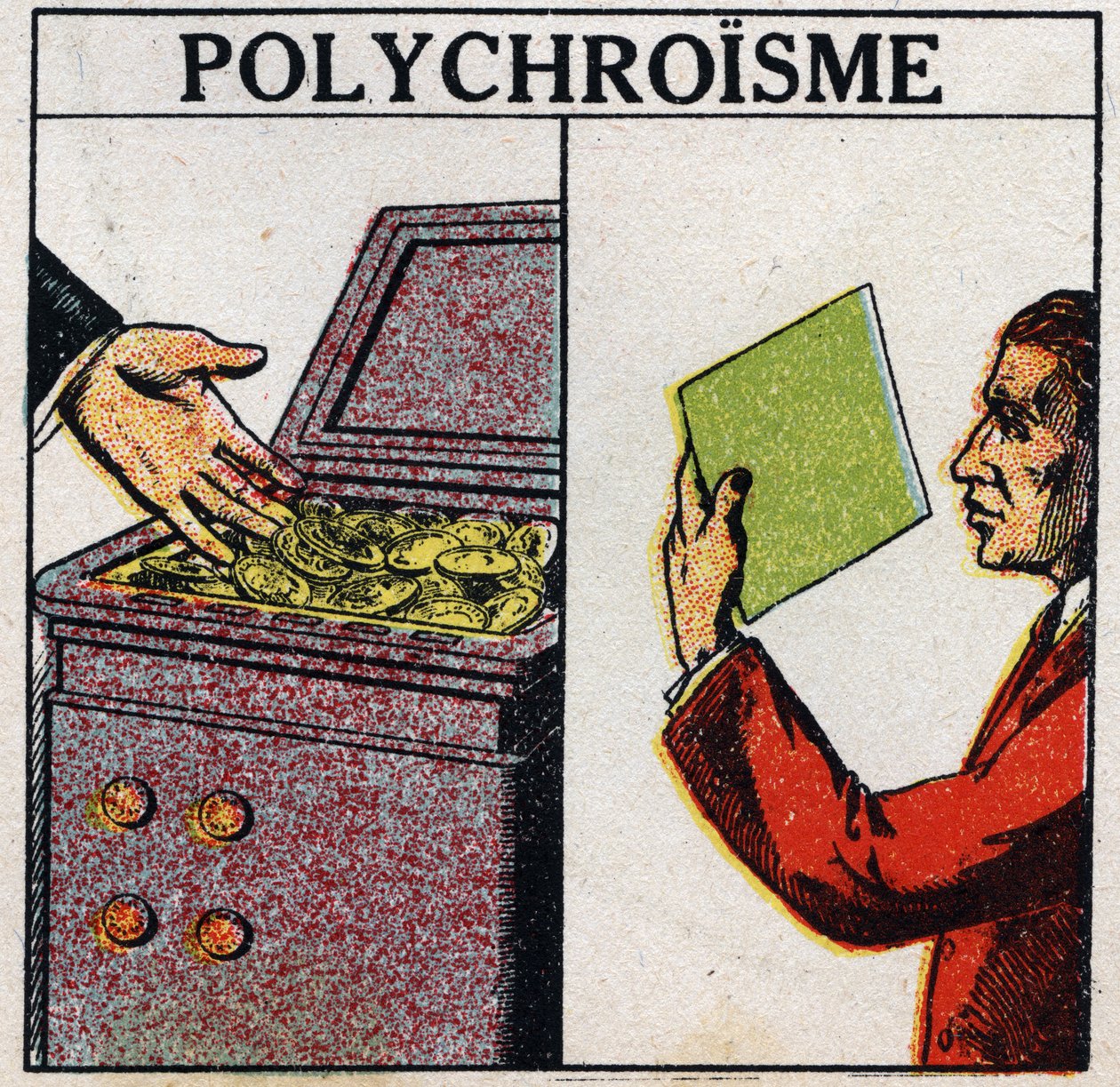 Cores: policroísmo. As moedas de ouro são amarelas, mas o ouro de camada fina é de cor verde. Ilustração anónima de 1925. Coleção particular. de Anonymous Anonymous