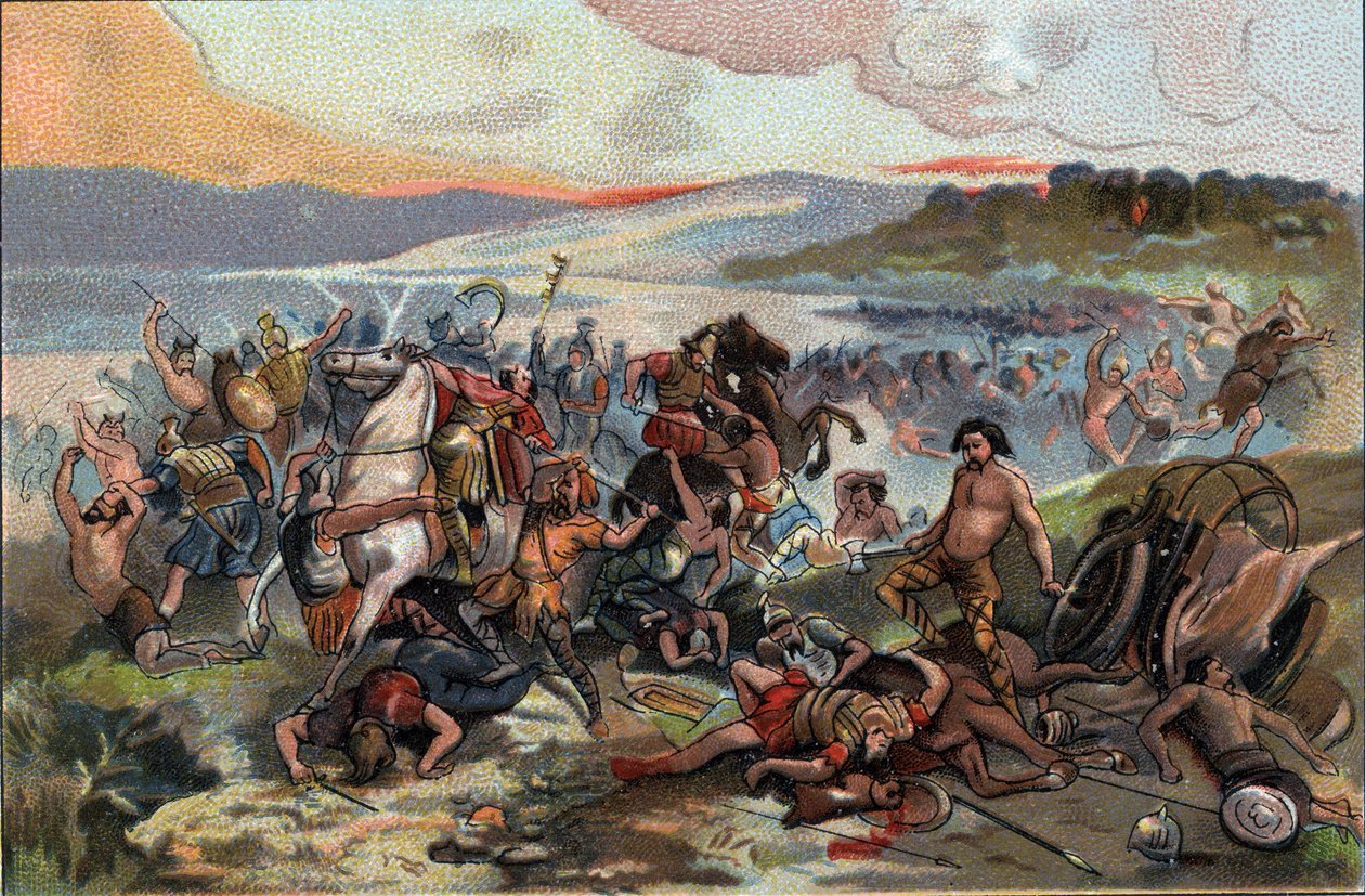 Conquete da Gália: a batalha de Presles em 60 AC contra o povo nerviano liderado por Boduognat contra o exército romano de Jules César. Cromolitografia publicitária dos chocolates Antoine em Bruxelas, início do século XX. Coleção Particular de Anonymous Anonymous