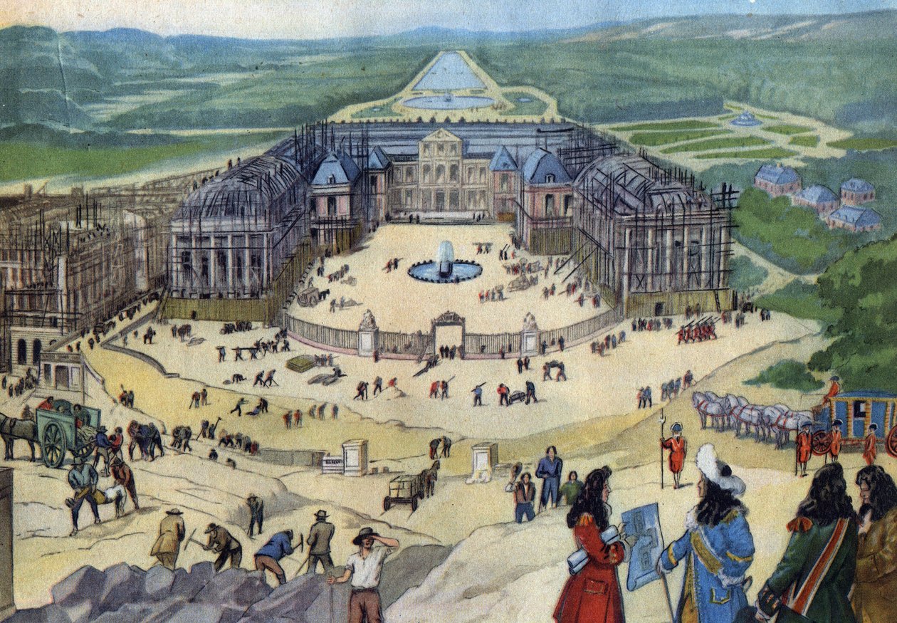 Construção do castelo de Versalhes em 1678 seguindo os planos de Jules Hardouin Mansart no primeiro plano do Rei Luís XIV. de Anonymous Anonymous