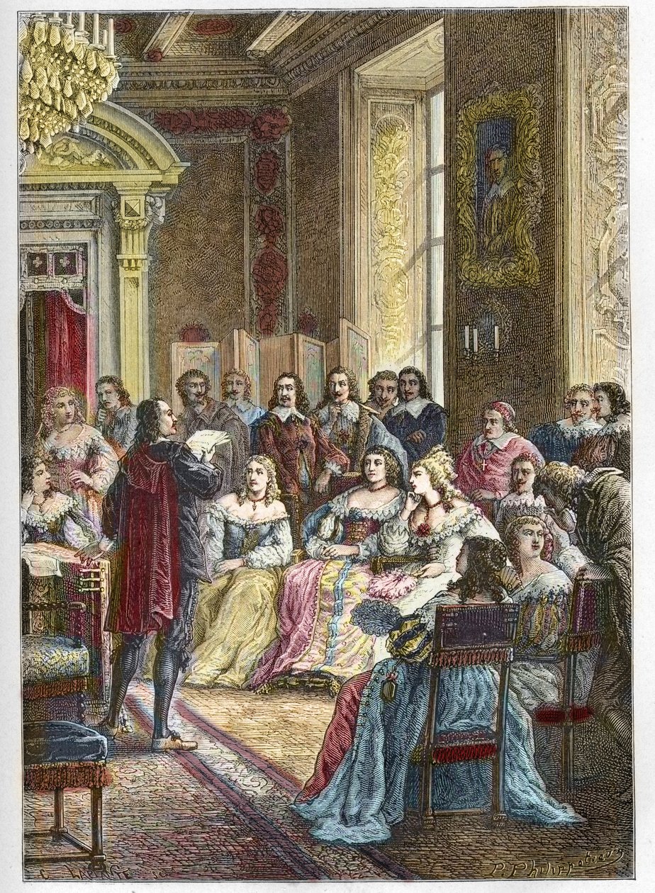 Corneille lendo sua tragédia de Polyeucte no Hotel de Rambouillet em frente a Catarina de Vivonne, Marquesa de Rambouillet e na presença dos cavaleiros e homens da Igreja (Bossuet era também um dos hábitos da Câmara Azul) - Pierre de Anonymous Anonymous