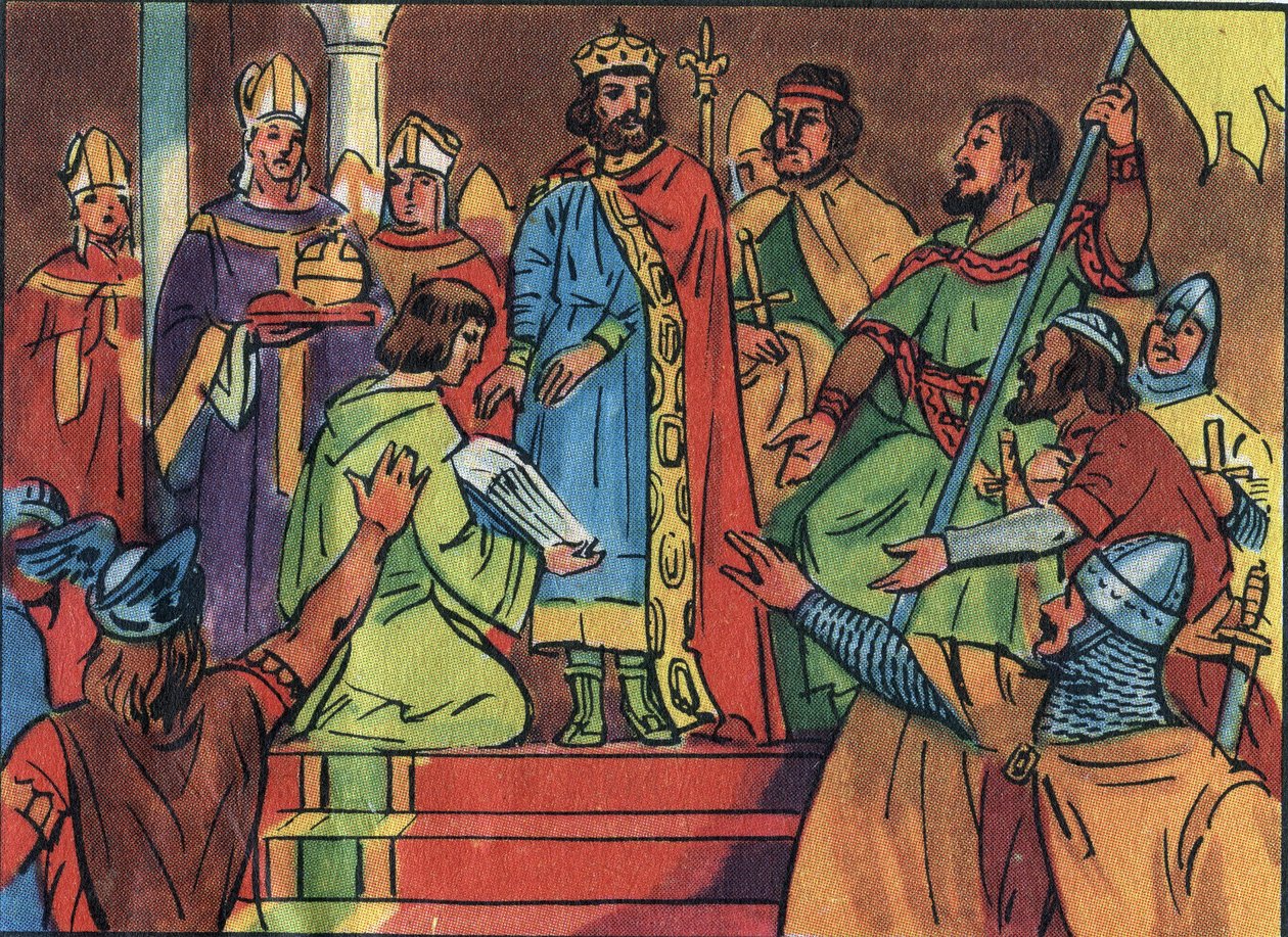 Coroação de Hugues Capet (941-996) em Noyon em 987, por Adalberon (ca. 925-990), arquebactéria de Reims. Esta coroação marcou o início da dinastia dos Capetianos, reis da França que recuperaram, direta ou indiretamente, por 8 anos. Ilustração anônima de Anonymous Anonymous