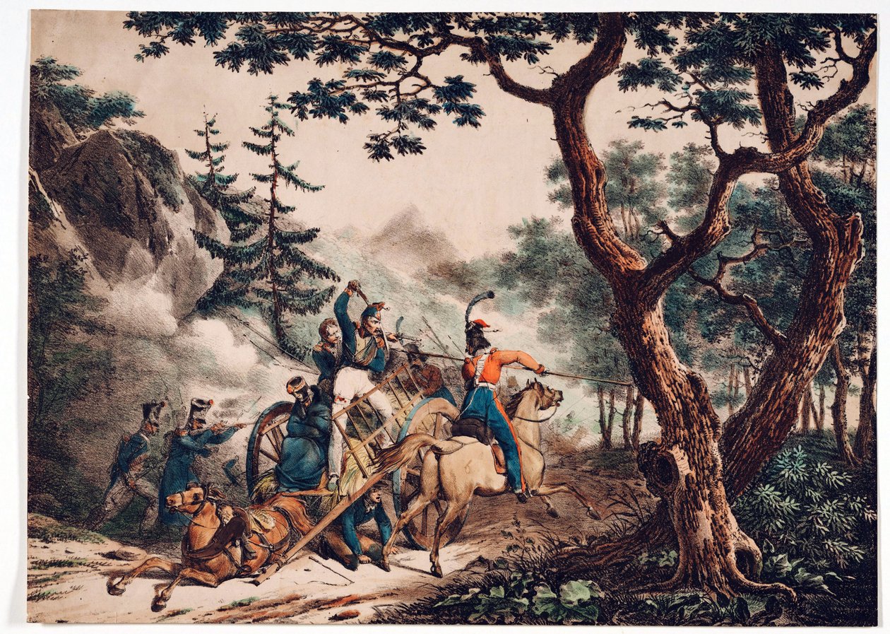 Cossacos atacando soldados franceses em uma floresta - Anônimo - 1825 - Litografia colorida - 52x72 - Coleção Privada de Anonymous Anonymous