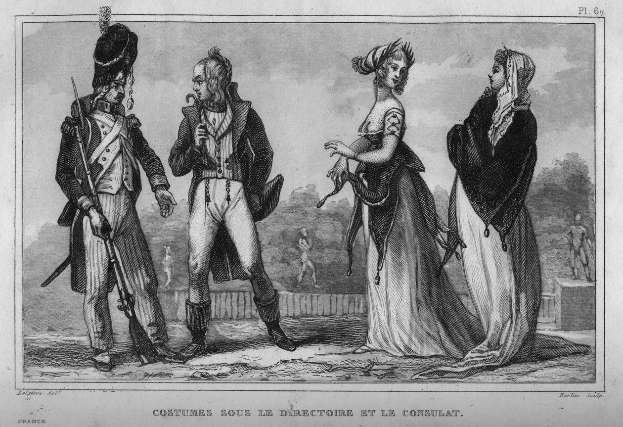 Figurino no Conselho Executivo e no Consulado. Gravura de 1859 em "Le Monde. História de todos os povos desde os tempos mais remotos até aos nossos dias". por M. E. de Lostalot-Bachoue (Lostalot Bachoue). Coleção particular. de Anonymous Anonymous