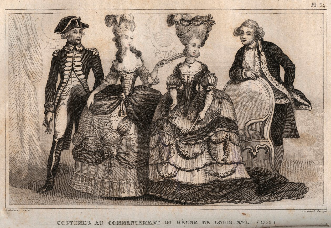 Fantasias no início do regimento de Luís XVI (1775). Gravura de 1859 em "Le Monde. História de todos os povos desde os tempos mais remotos até aos nossos dias". por M. E. de Lostalot-Bachoue (Lostalot Bachoue). Coleção particular. de Anonymous Anonymous