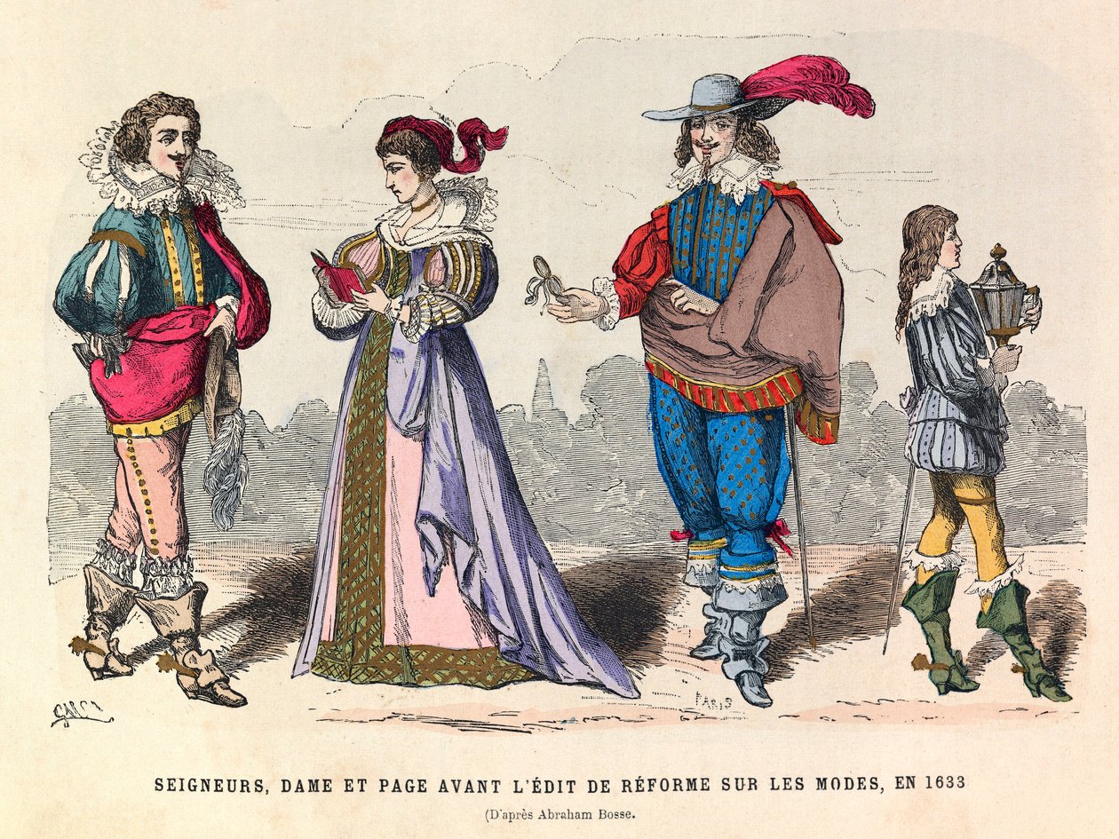 Fantasias de senhores, senhora e página antes da edição da reforma sobre moda em Paris em 1633 - coleção particular de Anonymous Anonymous