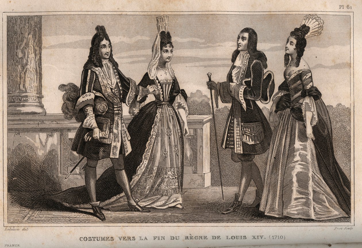 Fantasias no final do reinado do rei Luís XIV (1710). Gravura de 1859 em "Le Monde. História de todos os povos desde os tempos mais remotos até aos nossos dias". por M. E. de Lostalot-Bachoue (Lostalot Bachoue). Coleção particular. de Anonymous Anonymous