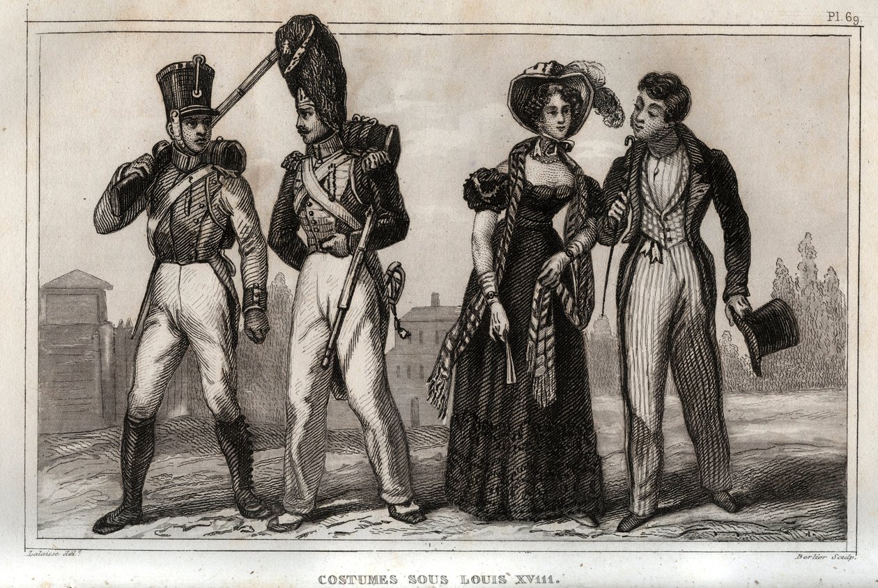 Fantasias sob Louis XVIII. Gravura de 1859 em "Le Monde. História de todos os povos desde os tempos mais remotos até aos nossos dias". por M. E. de Lostalot-Bachoue (Lostalot Bachoue). Coleção particular. de Anonymous Anonymous