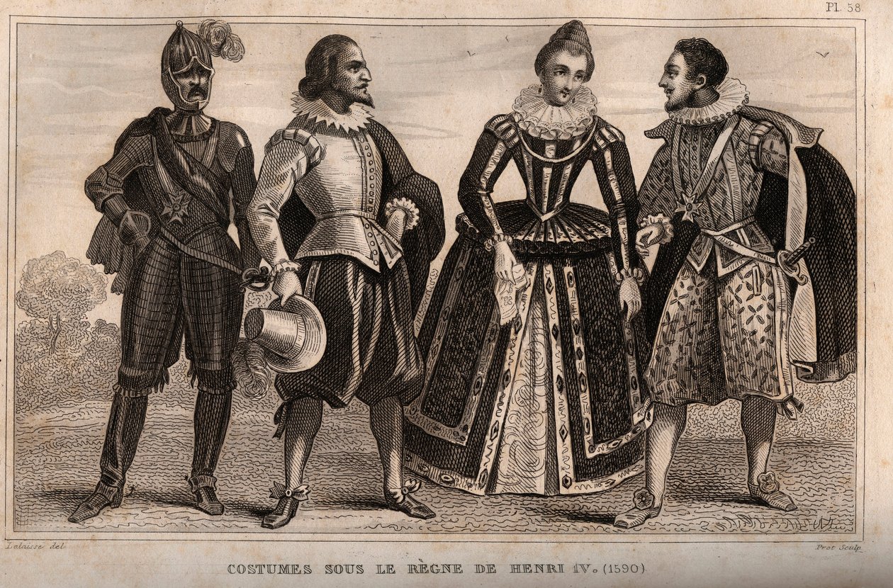 Fantasias sob a regra de Henrique IV (1590). Gravura de 1859 em "Le Monde. História de todos os povos desde os tempos mais remotos até aos nossos dias". por M. E. de Lostalot-Bachoue (Lostalot Bachoue). Coleção particular. de Anonymous Anonymous
