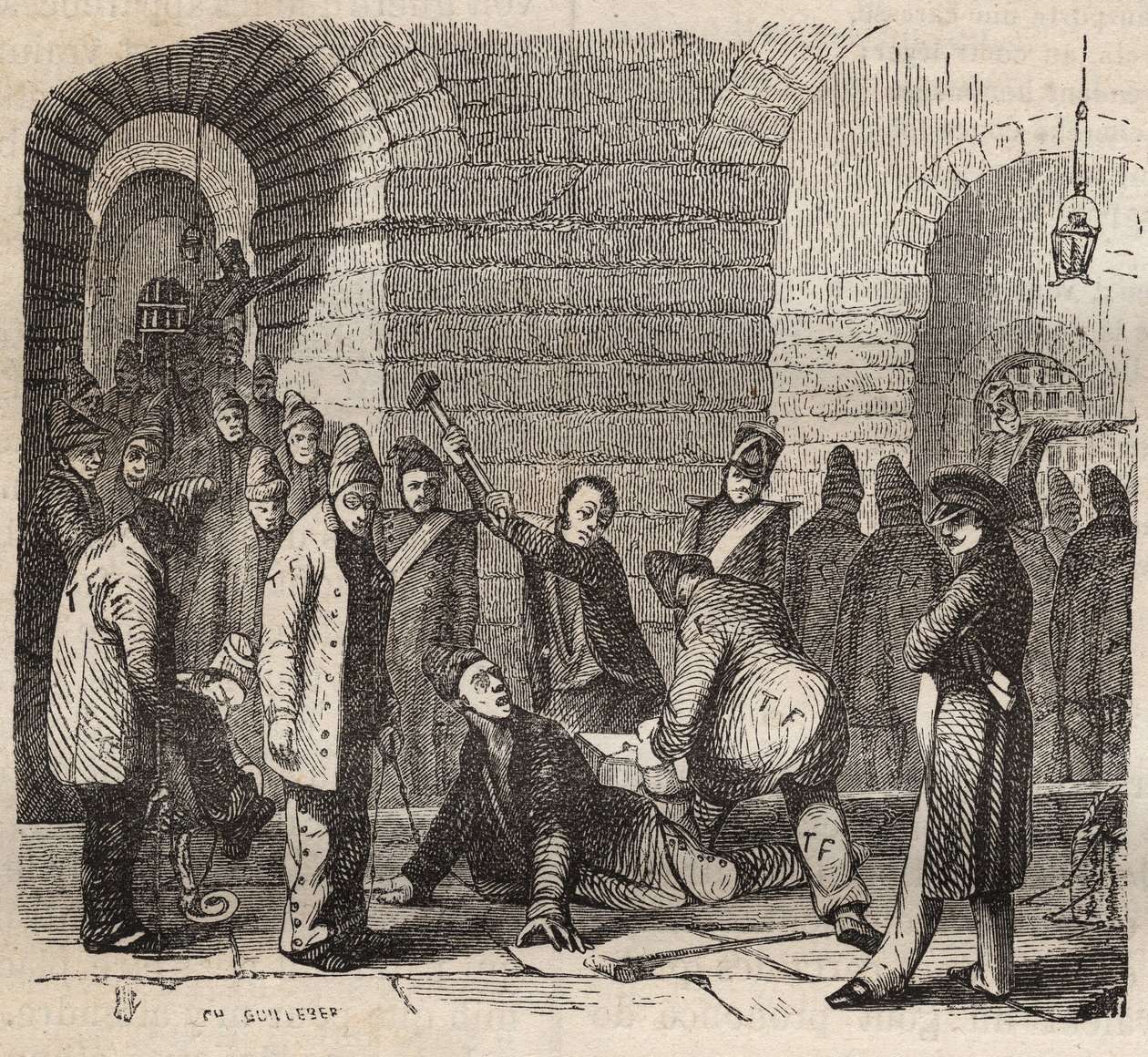 Acoplamento no Rochefort Bagne, no século XIX. Gravação em "Histoire des bagnes depuis leur création à nos jours" (1877) por Pierre Zaccone (1817-1895) (Colonia Penale - colônia penal). Coleção particular. de Anonymous Anonymous