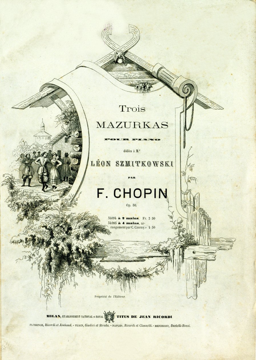 Capa de "Três mazurkas para piano, Opus 50" dedicada a Leon Szmitkowski composta por Frederic Chopin (1810-1849). de Anonymous Anonymous