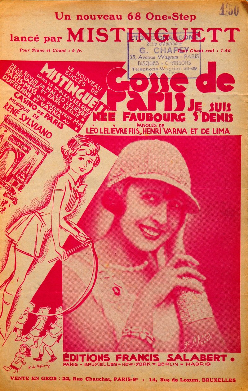 Capa da partitura "Gosse de Paris" cantada por Mistinguett (Mistinguette) (1875 - 1956), cantora francesa de Anonymous Anonymous