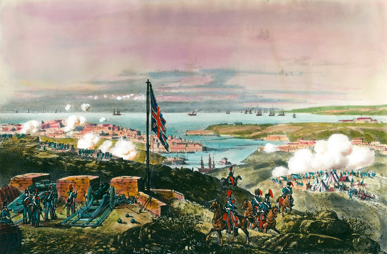 Guerra da Crimeia (1853-1856) entre a Rússia e o Império Otomano: os franceses e britânicos aliados com os turcos para sitiar o porto russo de Sebastopol de 17 de Outubro de 1854 a 8 de Setembro de 1855. Vista da frente inglesa. Gravura do século XIX. Priv de Anonymous Anonymous