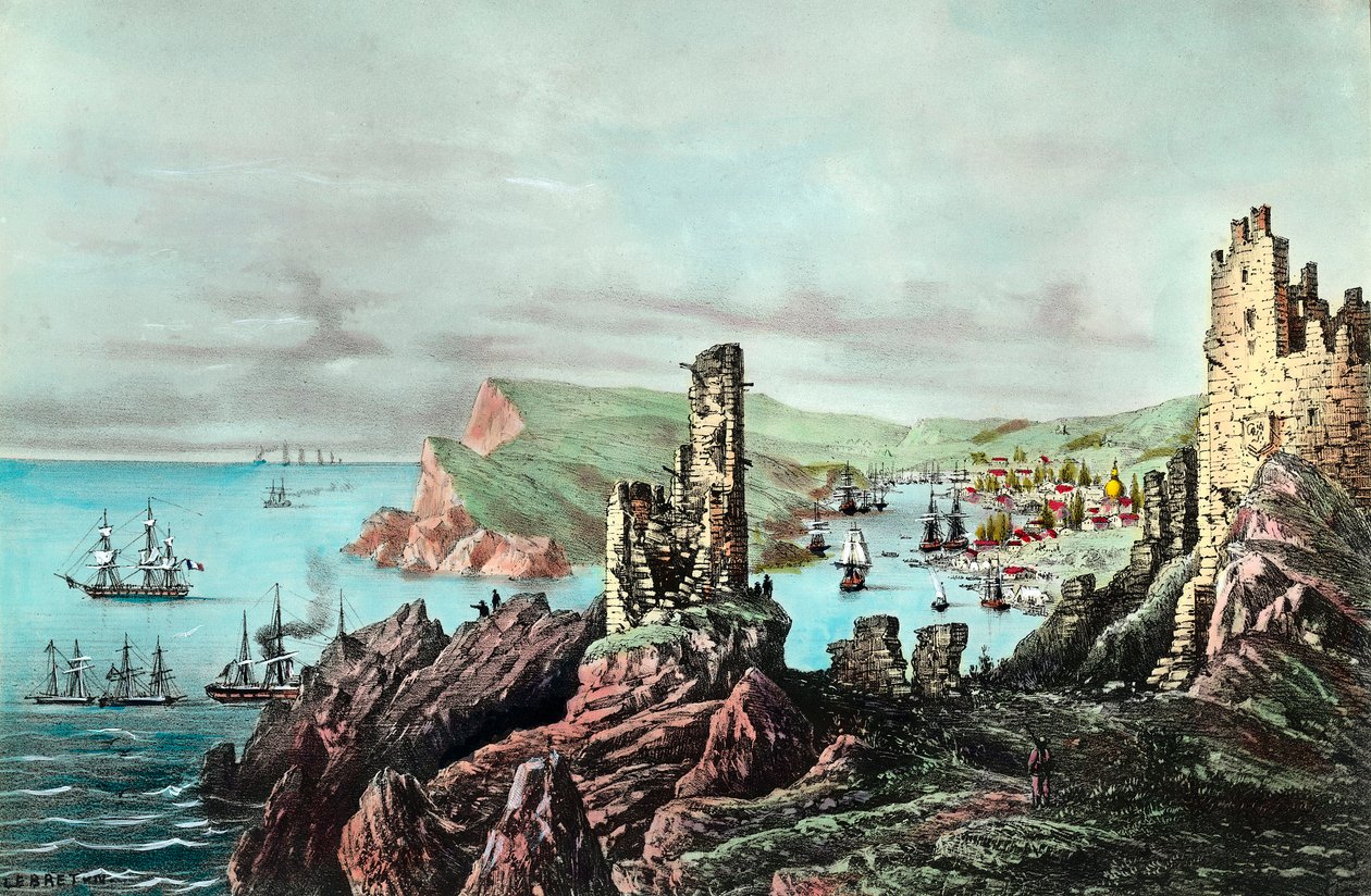 Guerra da Crimeia: vista do porto de Balaklava em Crimee. Gravura por volta de 1854-1855. Coleção privada de Anonymous Anonymous