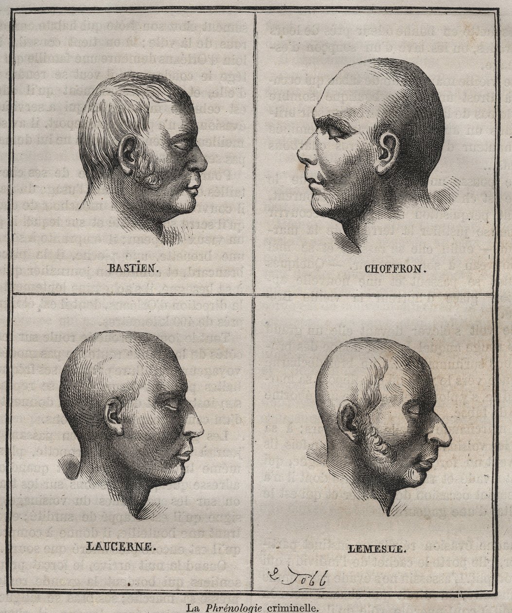 Frenologia Criminal no Brest Bagne (retratos que retratam as características fisionômicas de diferentes tipos de criminosos). Gravura em "Histoire des bagnes depuis leur création à nos jours" (1877) de Pierre Zaccone (1817-1895) (Colonia Penale - Penal de Anonymous Anonymous