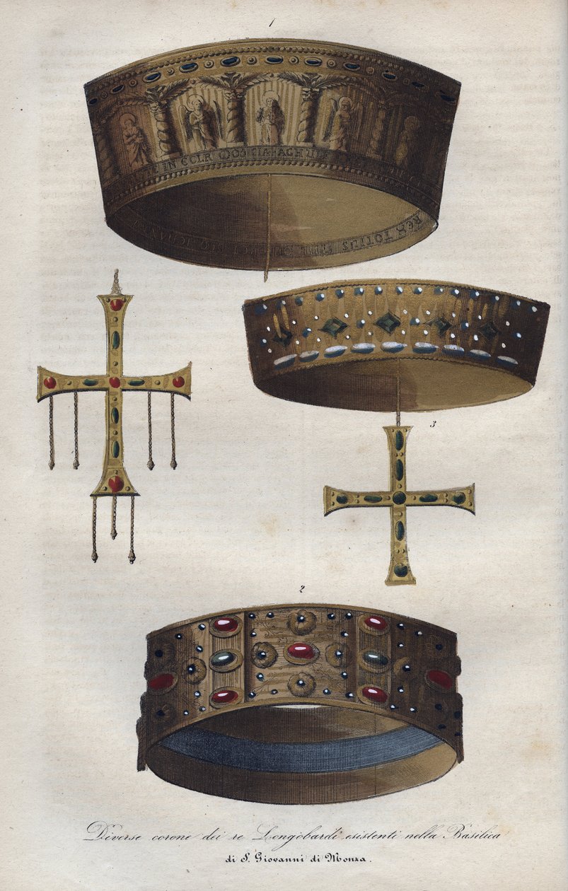 Coroas dos Suverianos do Reino Lombardo (568-774), conservadas na Basílica de São João de Monza - Diferentes coroas dos reis lombardos conservadas na Basílica de São João de Monza - gravura de "Usi e Costumi di Tutti i i i Popoli dell de Anonymous Anonymous