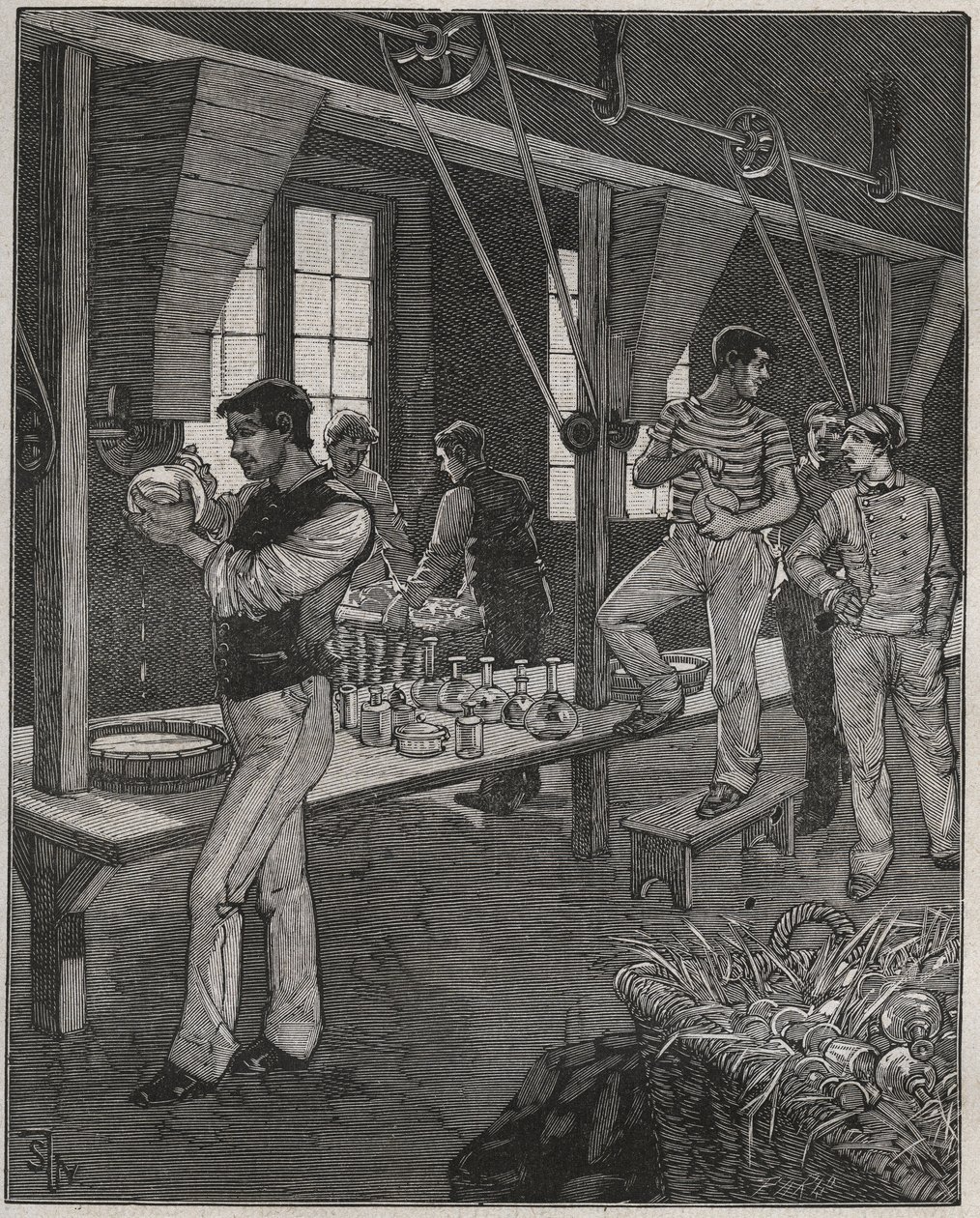 Oficina de gravadores de cristais em França, no século XIX. Gravura a partir de 1885 em "Les arts et metiers illustres" de Adolphe BITARD. de Anonymous Anonymous