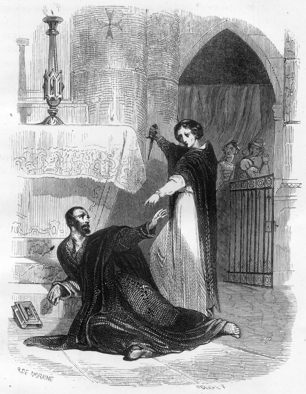Morte do Inquisidor Pedro (Pedro) de Arbues (1441/1442 - 1485) na Catedral de Saragoça (Saragoça) em Setembro de 1485. Ilustração em "Mysteres of the Inquisition and Other Secret Societies of Spain" Por Victor de Fereal, Suberwick, Manuel Galo de Anonymous Anonymous