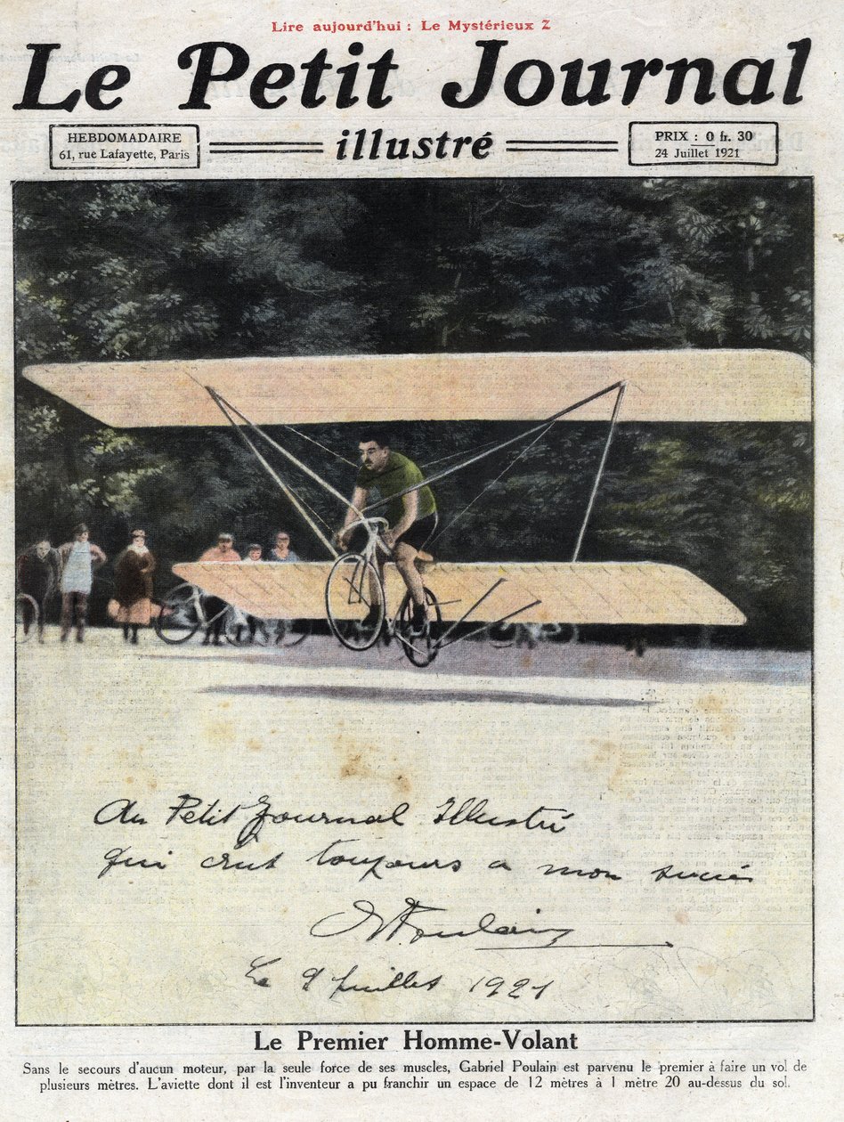 Retrato dedicado do inventor e ciclista francês Gabriel Poulain a bordo da sua "aviette", uma bicicleta equipada com asas de biplano que lhe permitiu voar alguns metros sem motor. Ilustração retirada do "Le petit journal illustrious" de 24/07/1921. de Anonymous Anonymous